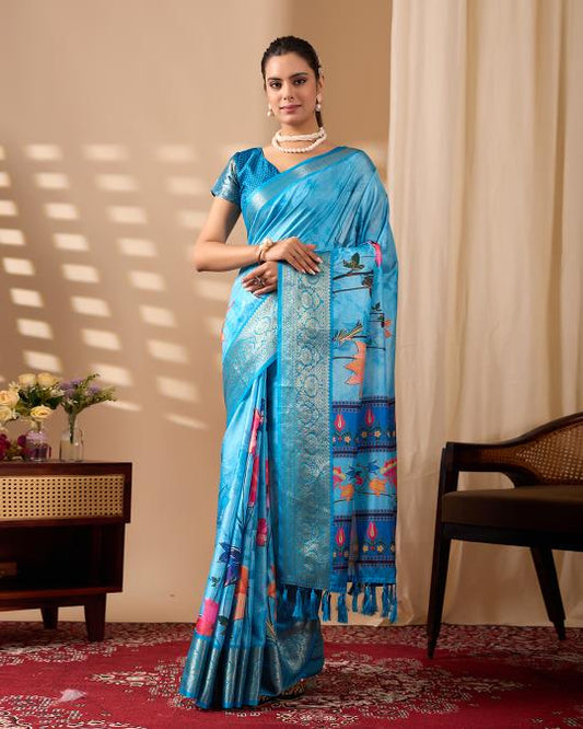 Premium Soft Silk Sky Blue Saree with Rich Silver Zari Woven Border