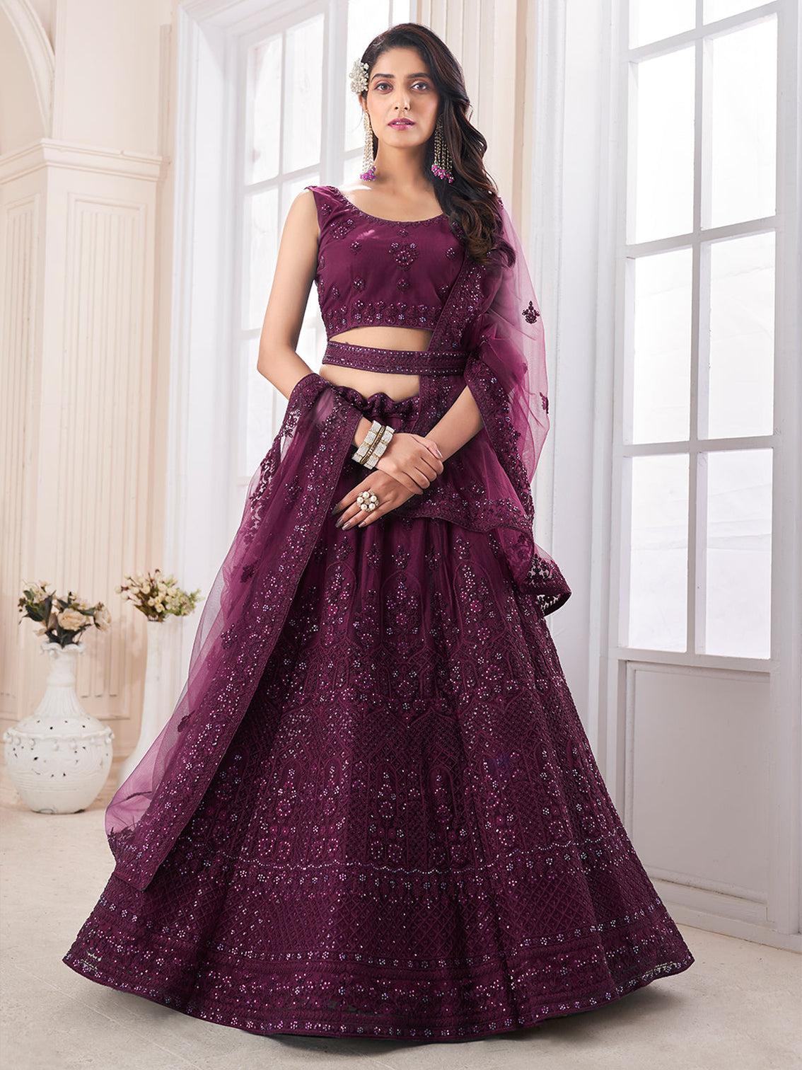 Purple Soft Net Embroidered Semi Stitched Lehenga Choli