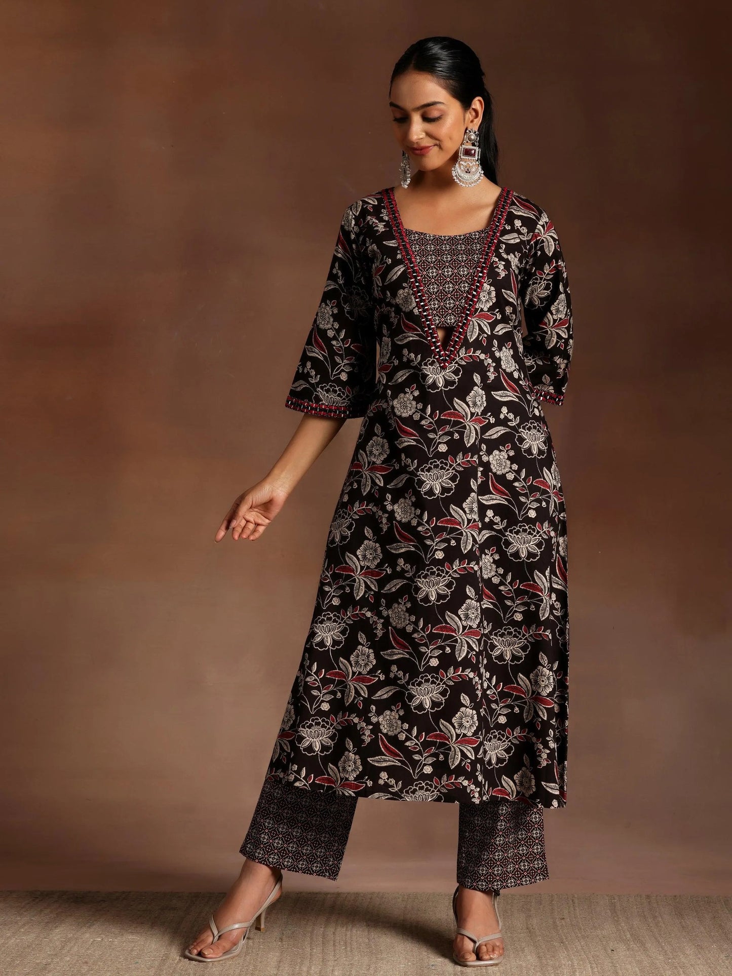 Libas Black Printed Cotton A-Line Kurta With Palazzos