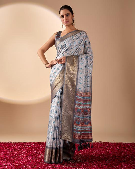 Premium Soft Silk Floral Printed Saree with Rich Silver Zari Woven Border