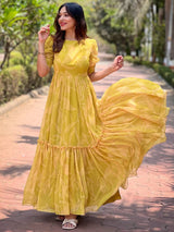 Lime Yellow Abstract Print Dress