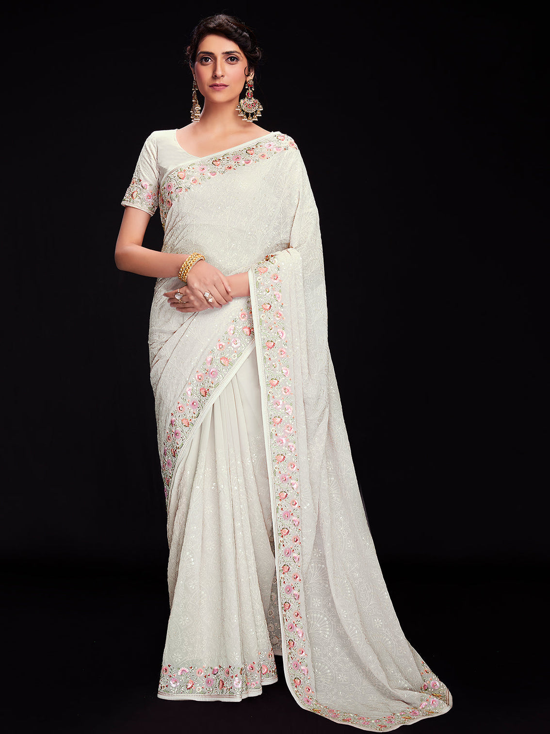 White Georgette Embroidered Saree With Unstitched Blouse