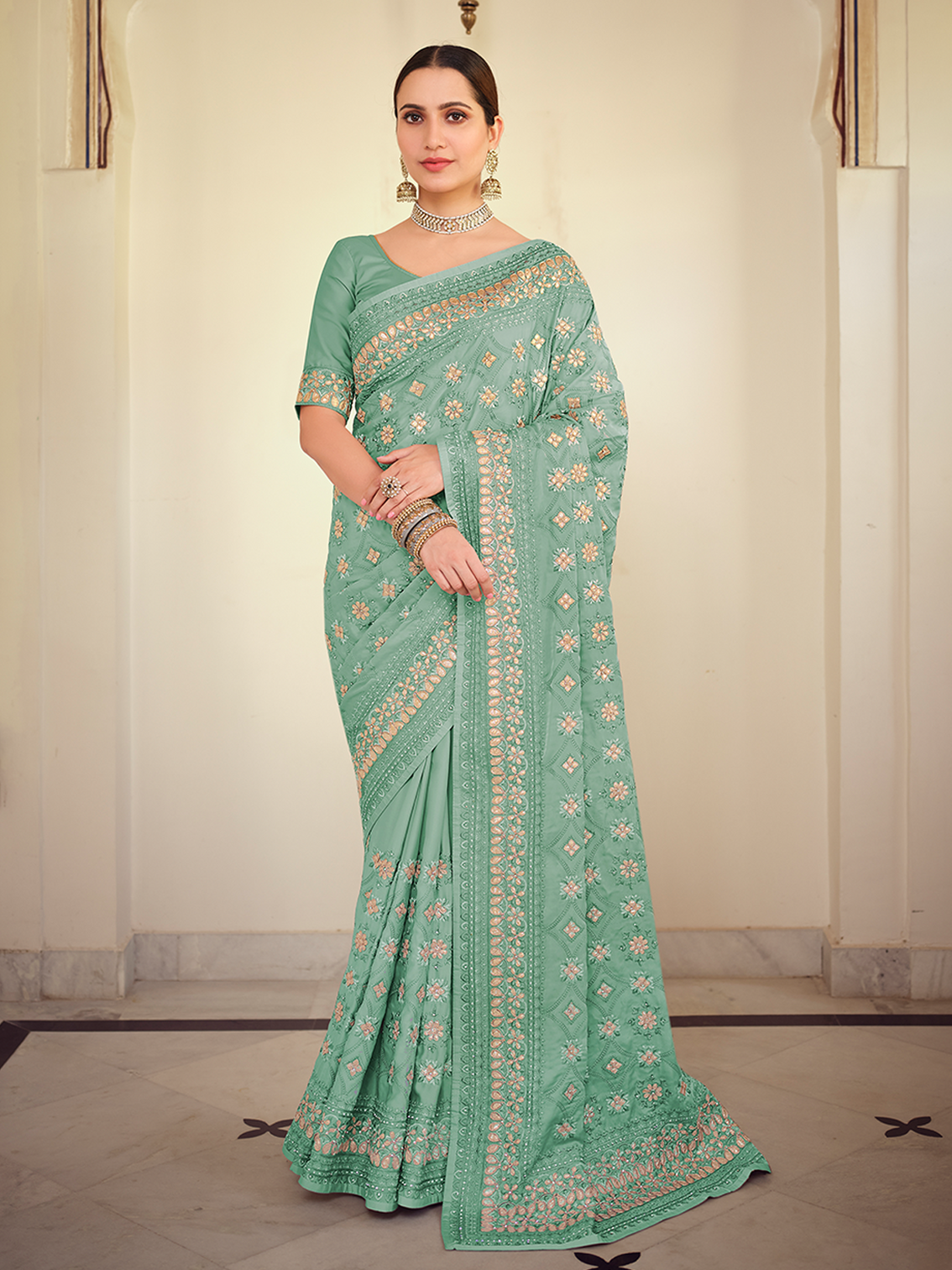 Sea Green Satin Georgette Saree With Unstitched Blouse