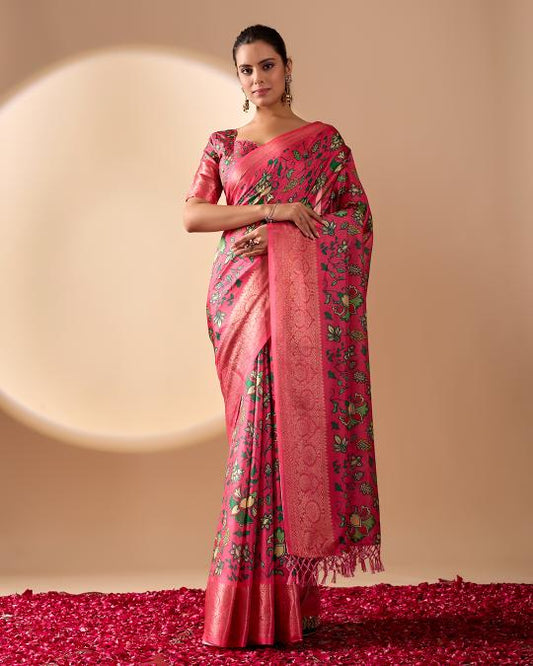Premium Soft Silk Floral Printed Saree with Rich Pink Zari Woven Border
