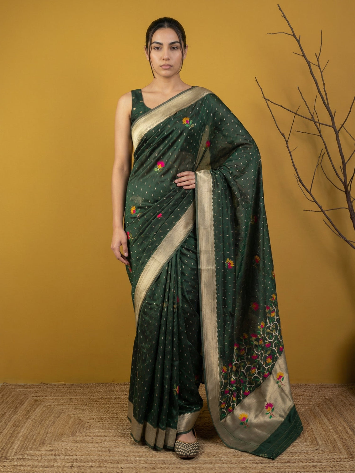 Elegant soft organza saree with meenakari weaving jamdani pallu