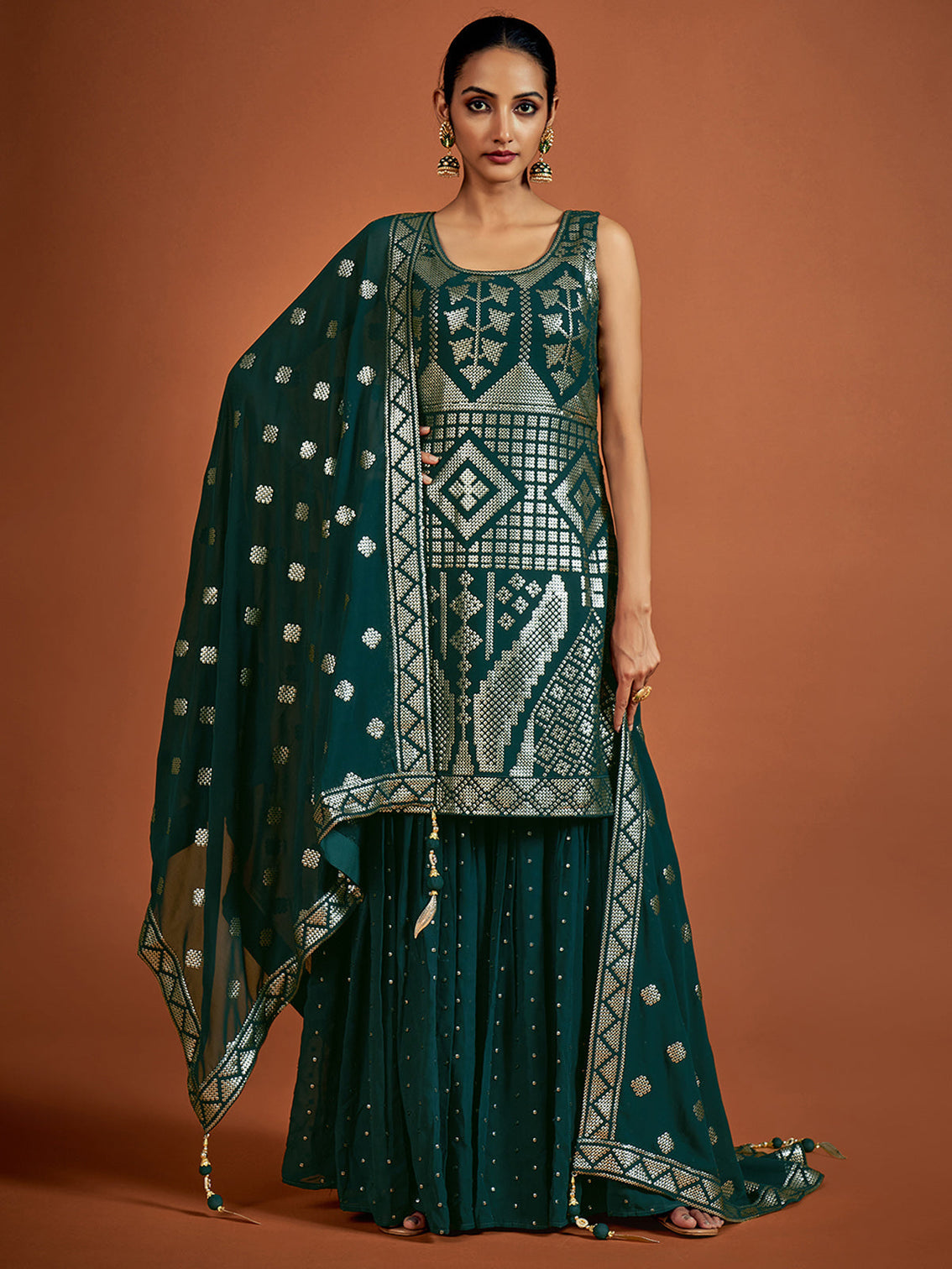 Teal Embroidered Georgette Partywear Stitched Kurta Set