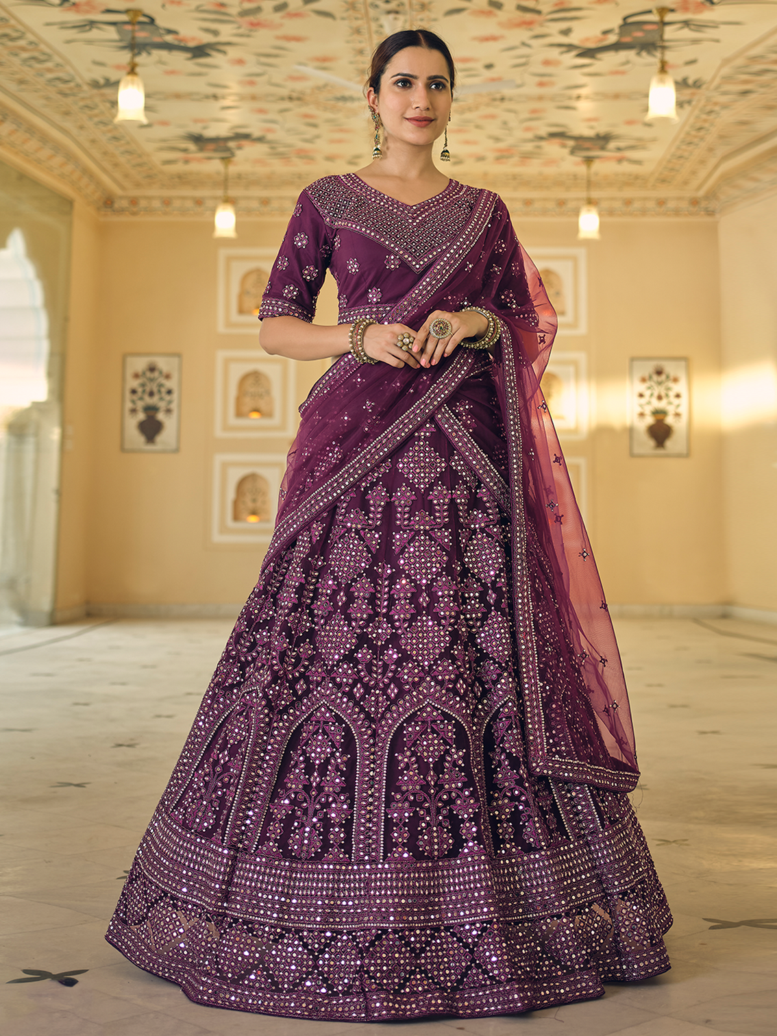 Purple Soft Net Semi Stitched Lehenga With Unstitched Blouse