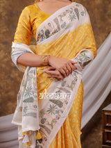 Vantara Mustard Yellow Satin Chiffon Printed Saree with Botanical Nature Print, Designer Tassel Pallu & Matching Blouse Piece