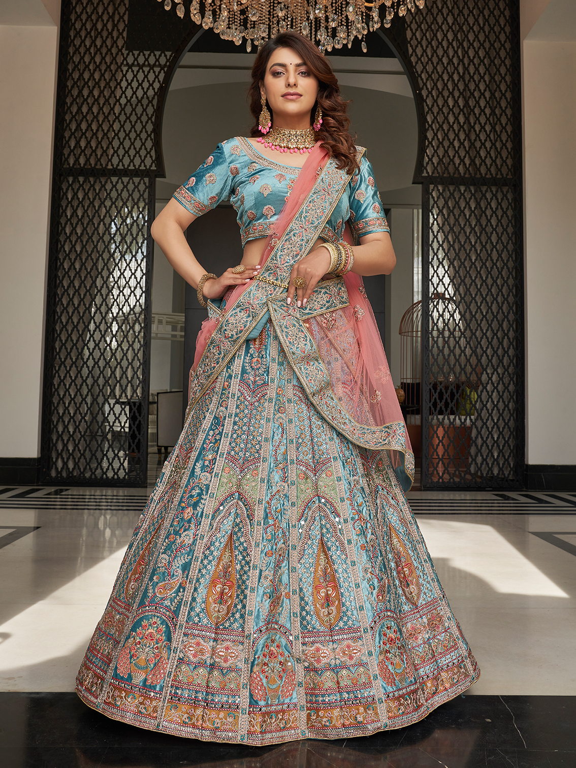 Sky Blue Velvet Semi Stitched Lehenga With Unstitched Blouse