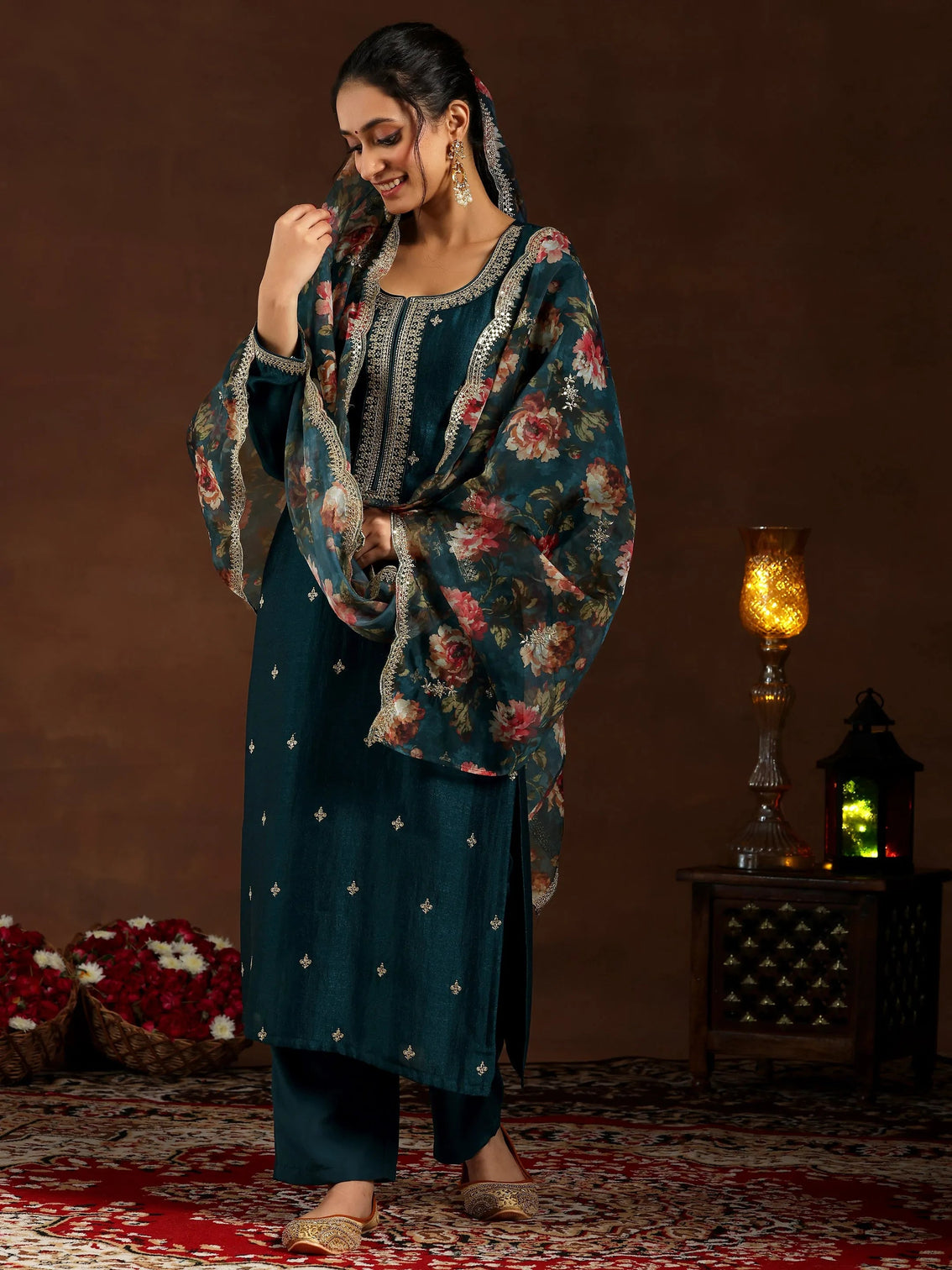 Mameraa Teal Embroidered Silk Blend Straight Suit With Dupatta