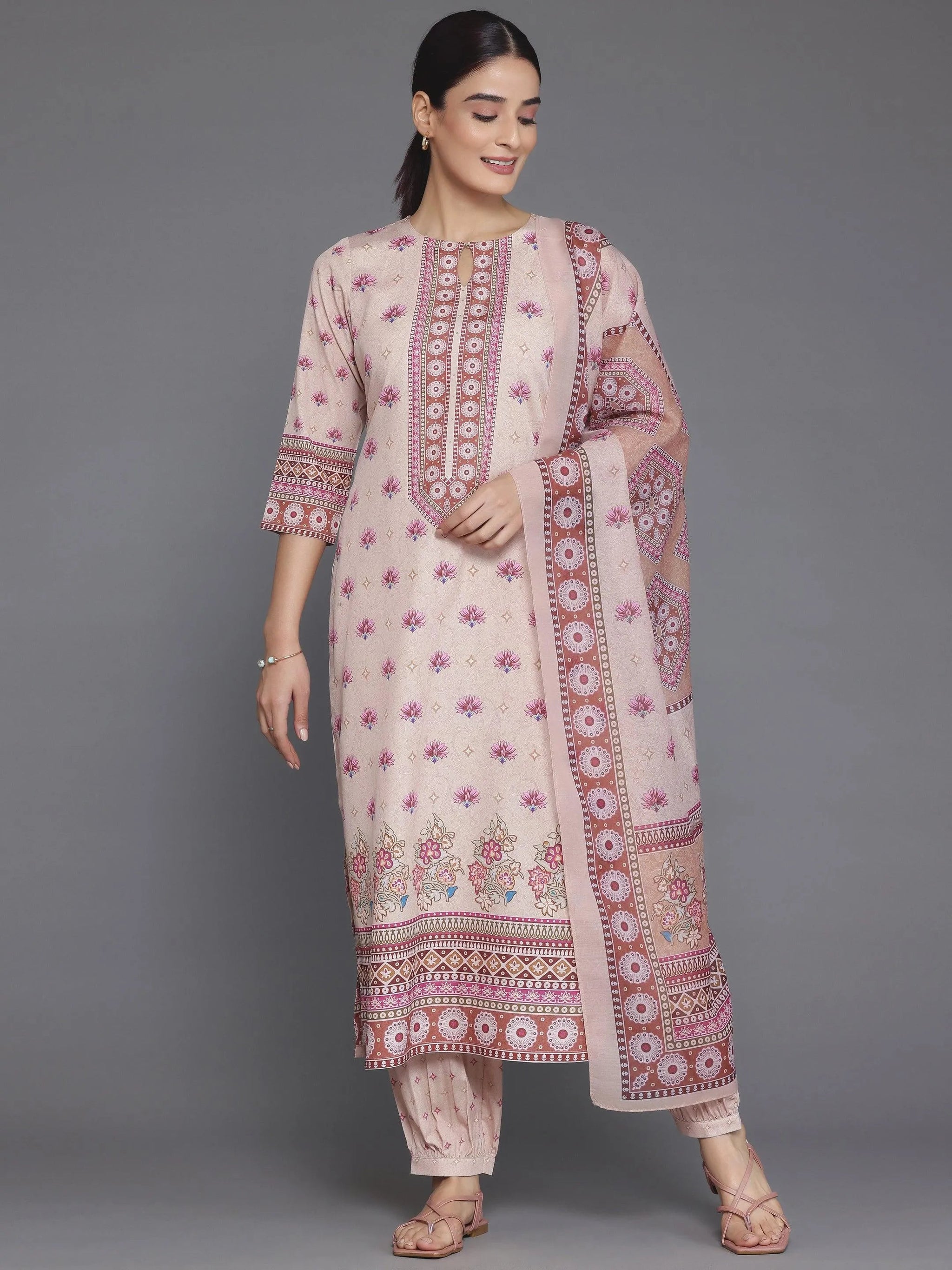 Libas Peach Printed Poly Crepe Straight Suit With Dupatta