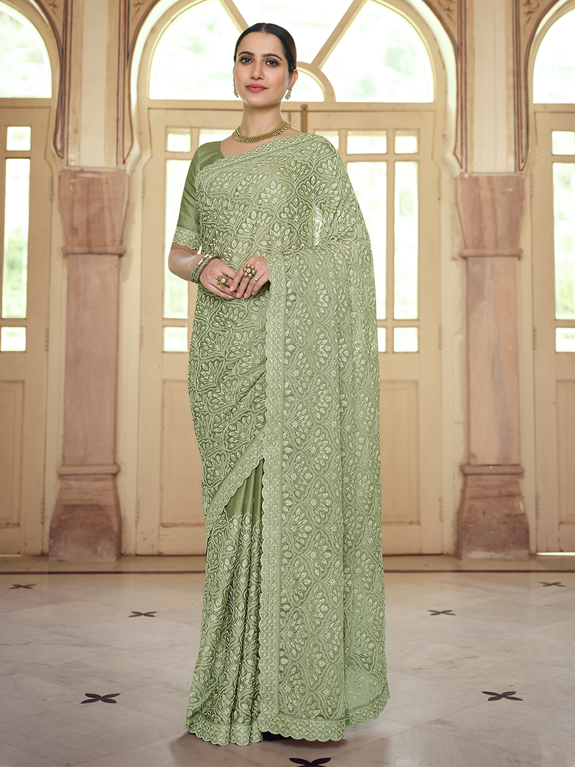 Green Chiffon Saree With Unstitched Blouse
