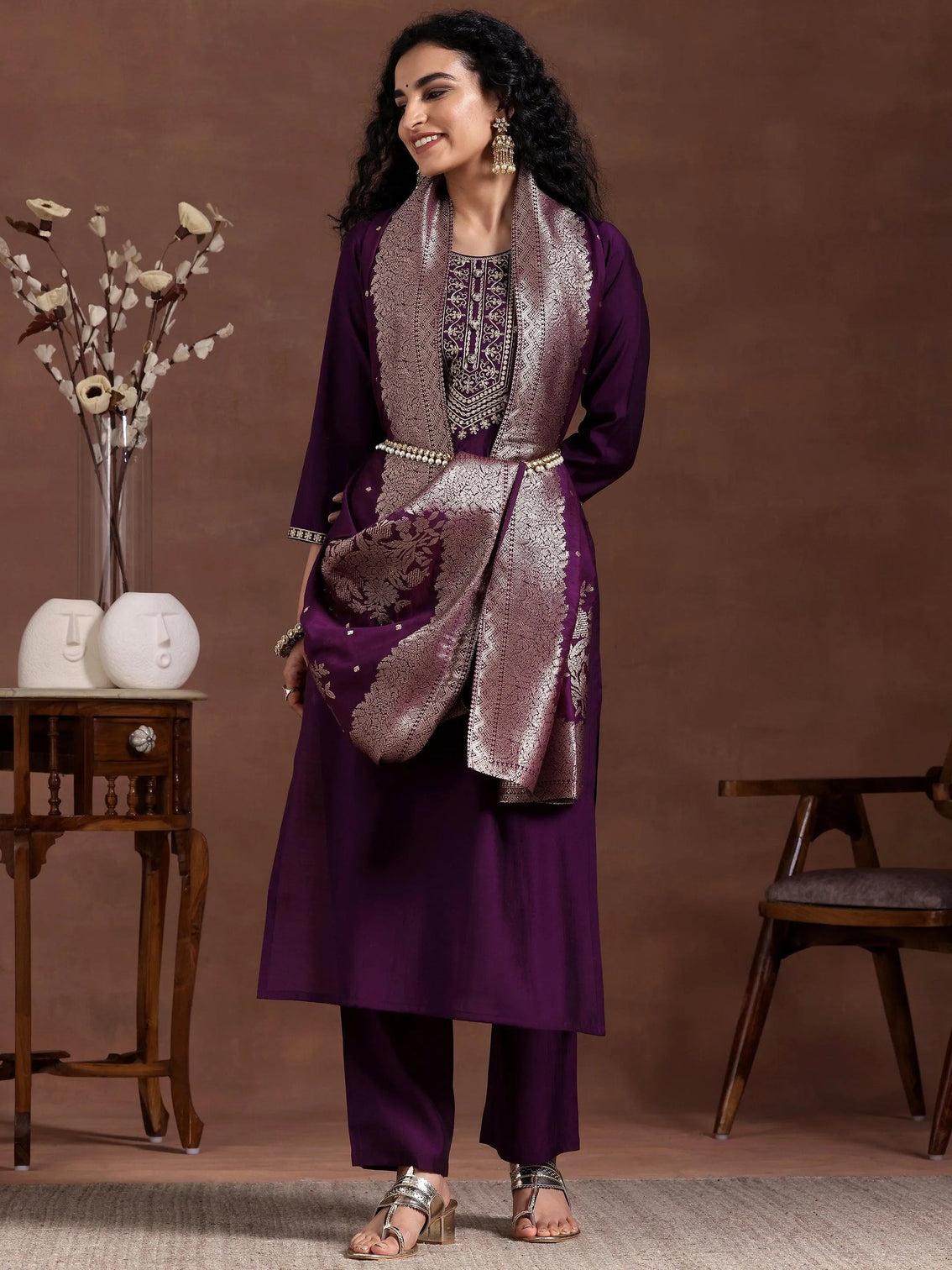 Mameraa Wine Yoke Design Silk Blend Straight Suit With Dupatta