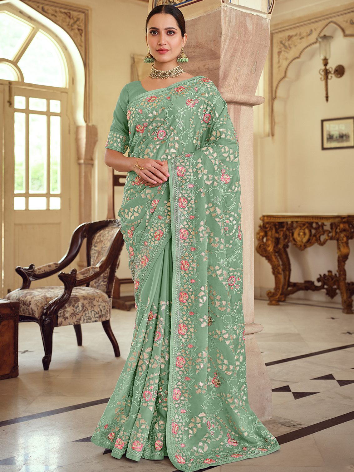 Green Satin Georgette Saree With Unstitched Blouse