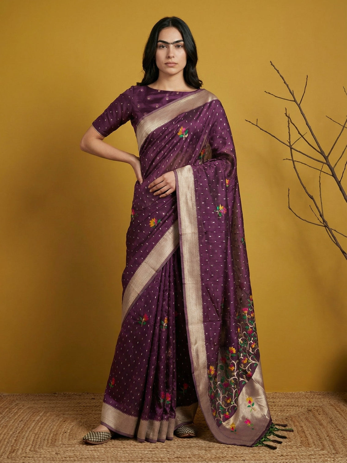 Wine party wear soft organza saree with meenakari weaving jamdani pallu