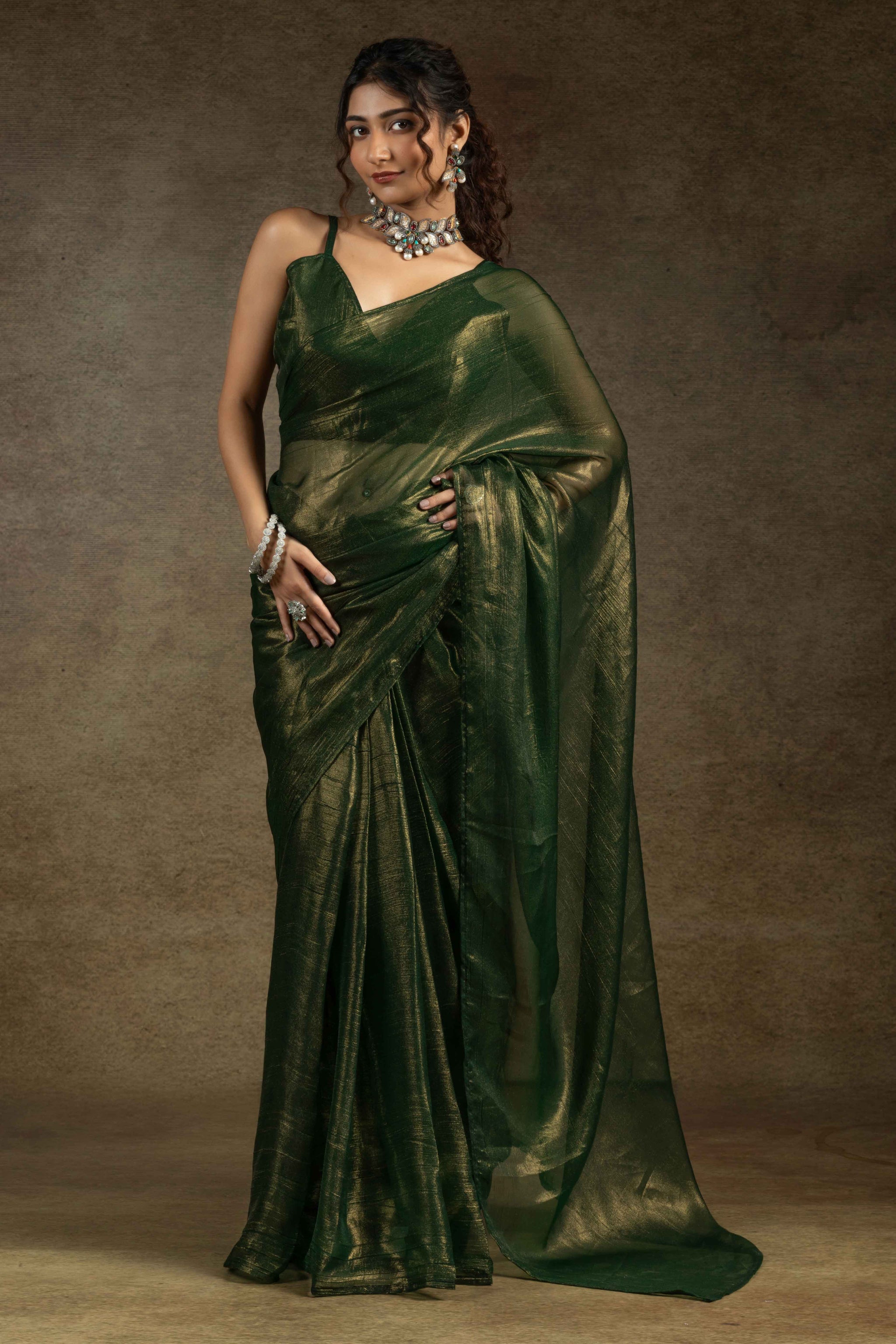 Forest Green Ready-to-Wear Chiffon Saree in Minimal Solid Pattern for a Classy Vibe