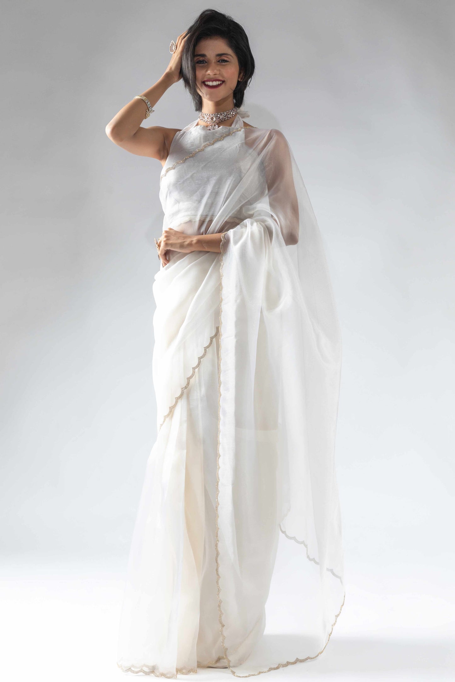 White Solid With Intricate Zarkan Border Organza Ready To Wear Saree