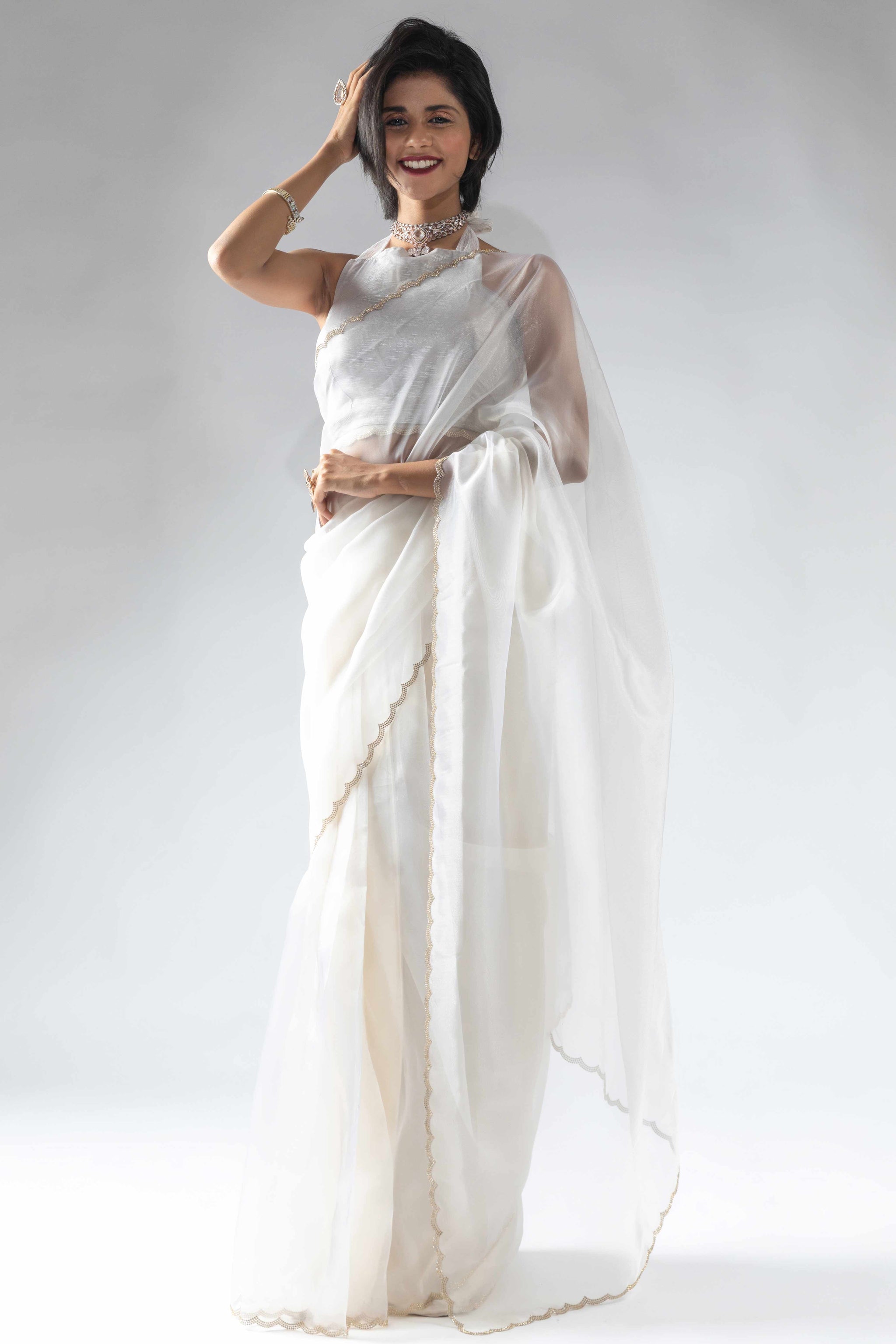 White Solid With Intricate Zarkan Border Organza Ready To Wear Saree