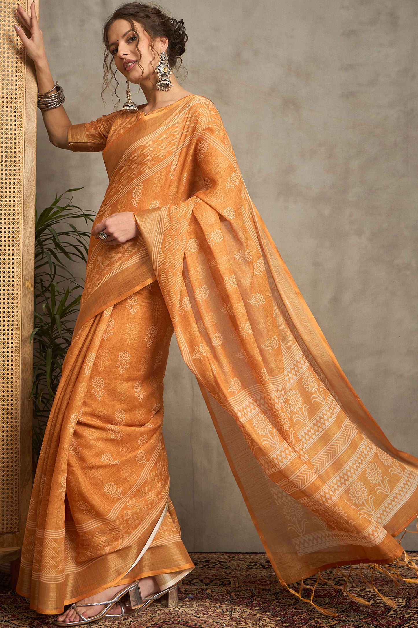 Orange Pure Linen Saree with Intricate Zari Work