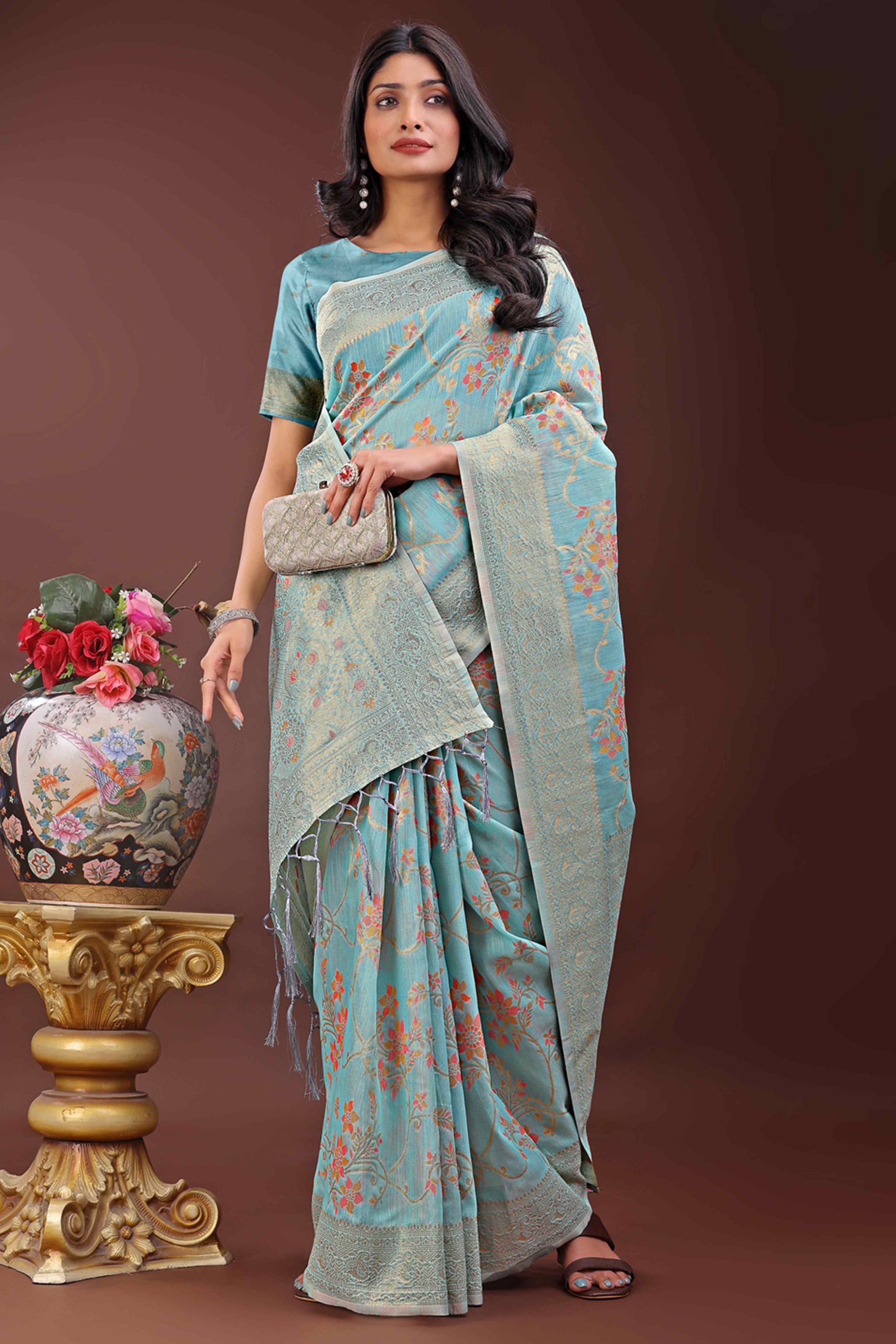 Blue Linen Cotton Saree With Intricate Floral Zari Weving & Tassel Edge