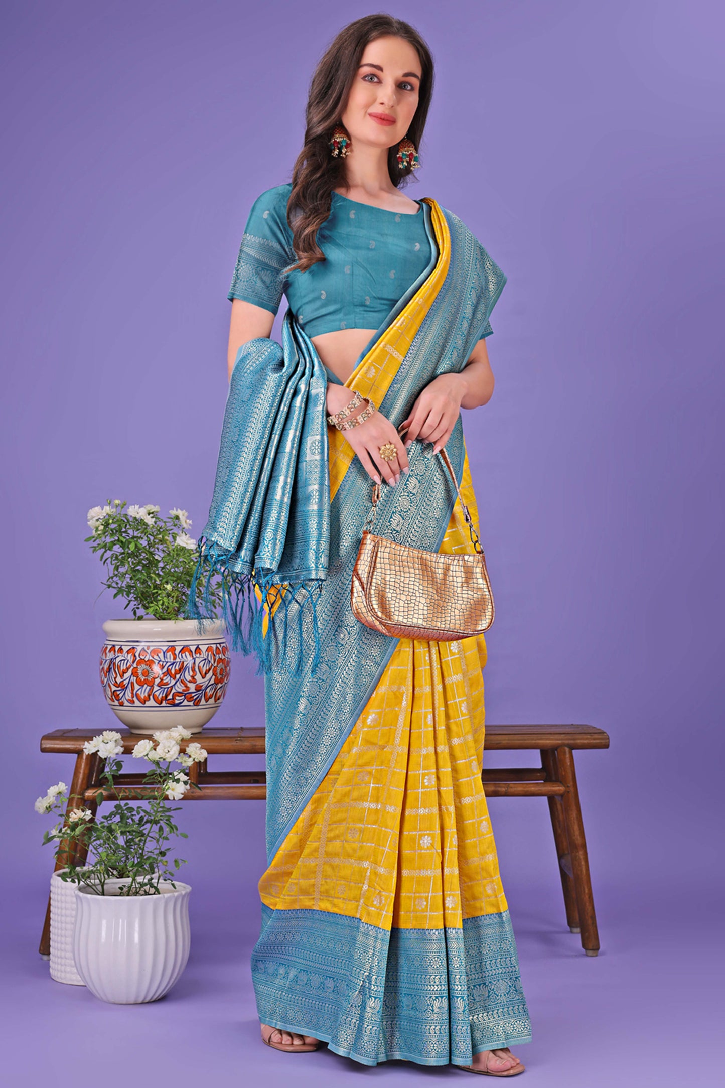 Mustard Banarasi Weave in Checked Design with Lustrous Zari Embellishments
