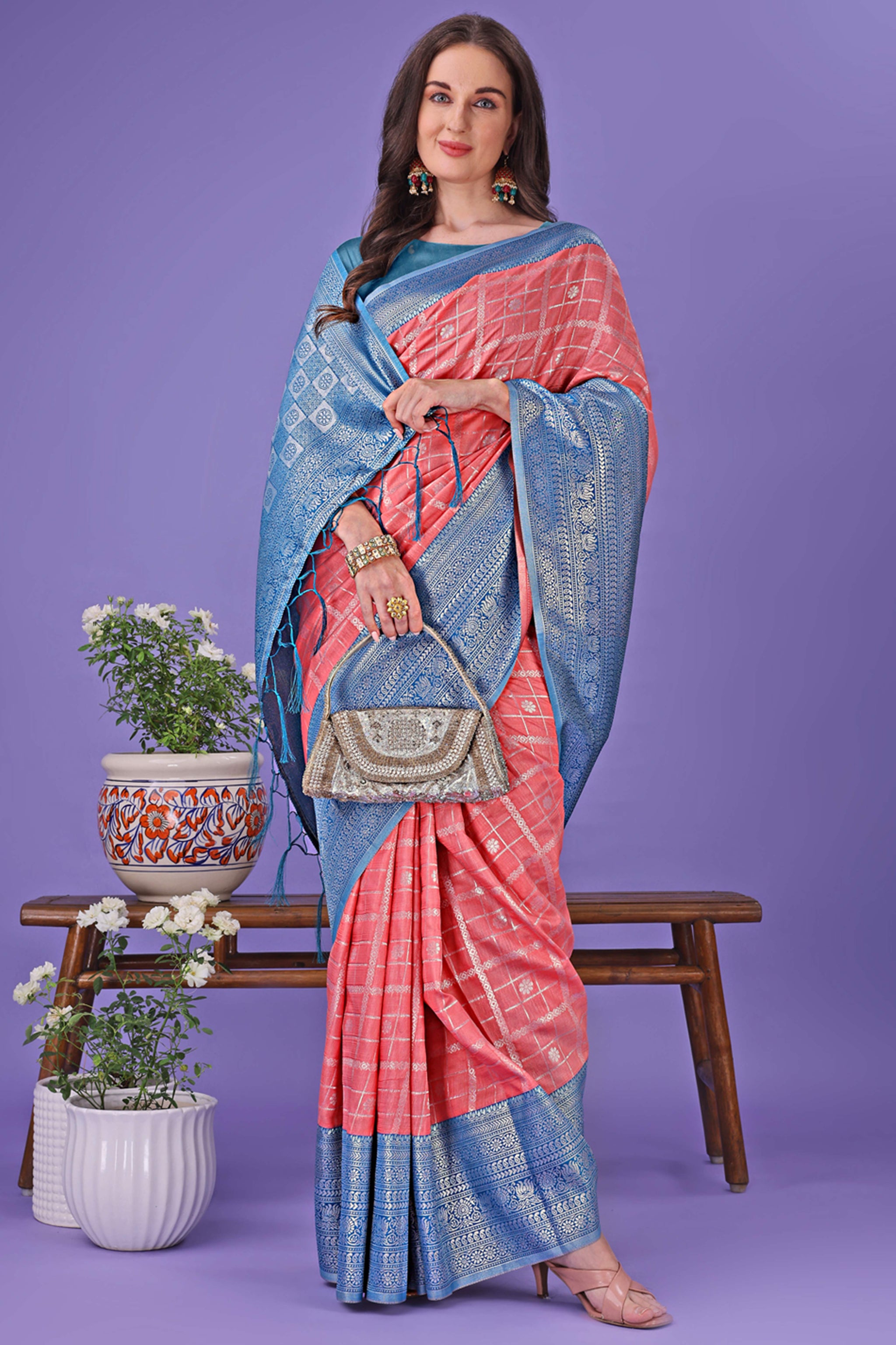 Peach Banarasi Weave in Checked Design with Lustrous Zari Embellishments