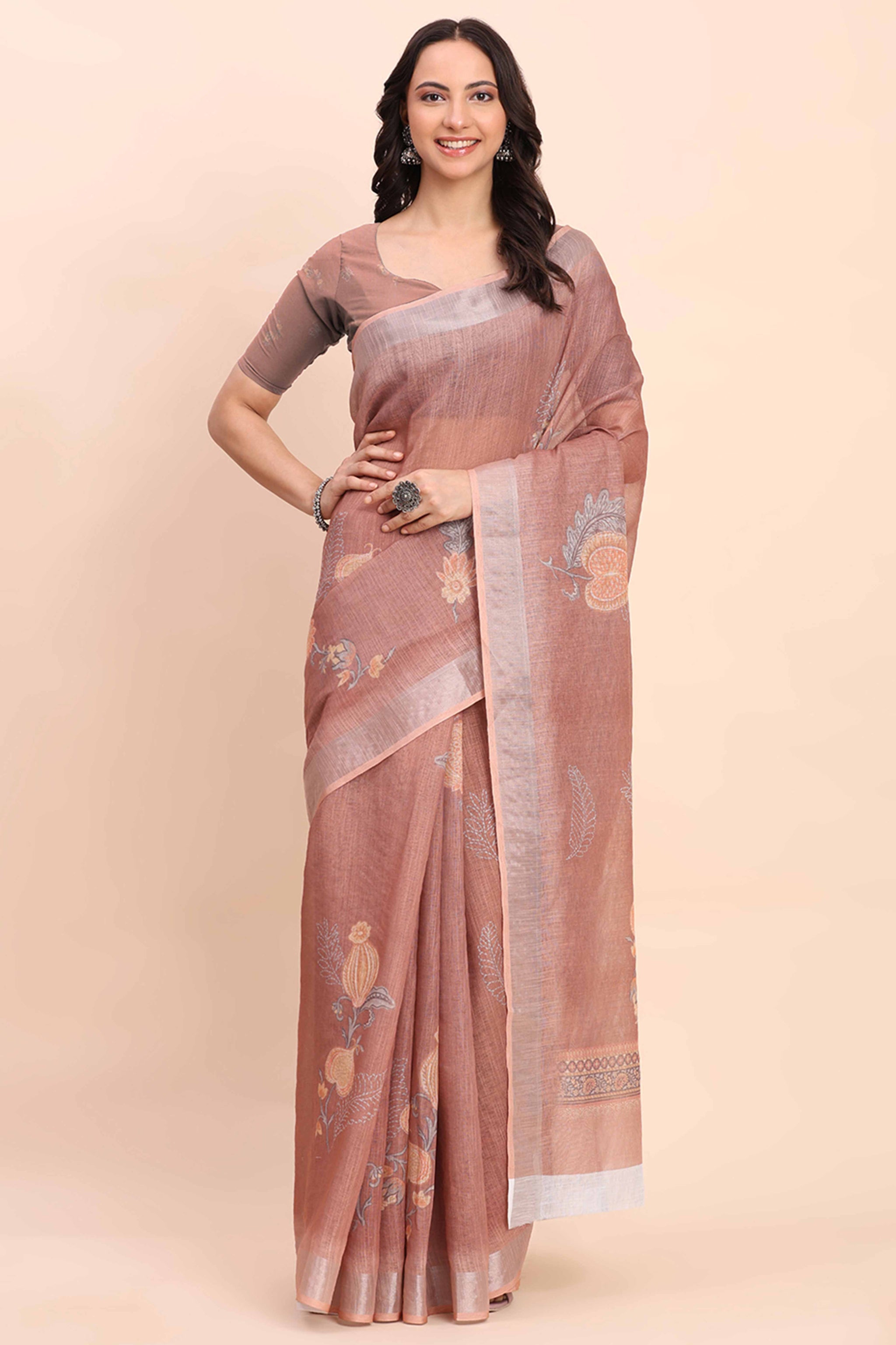 Brown Linen Cotton Saree Featuring Floral Prints & Woven Border