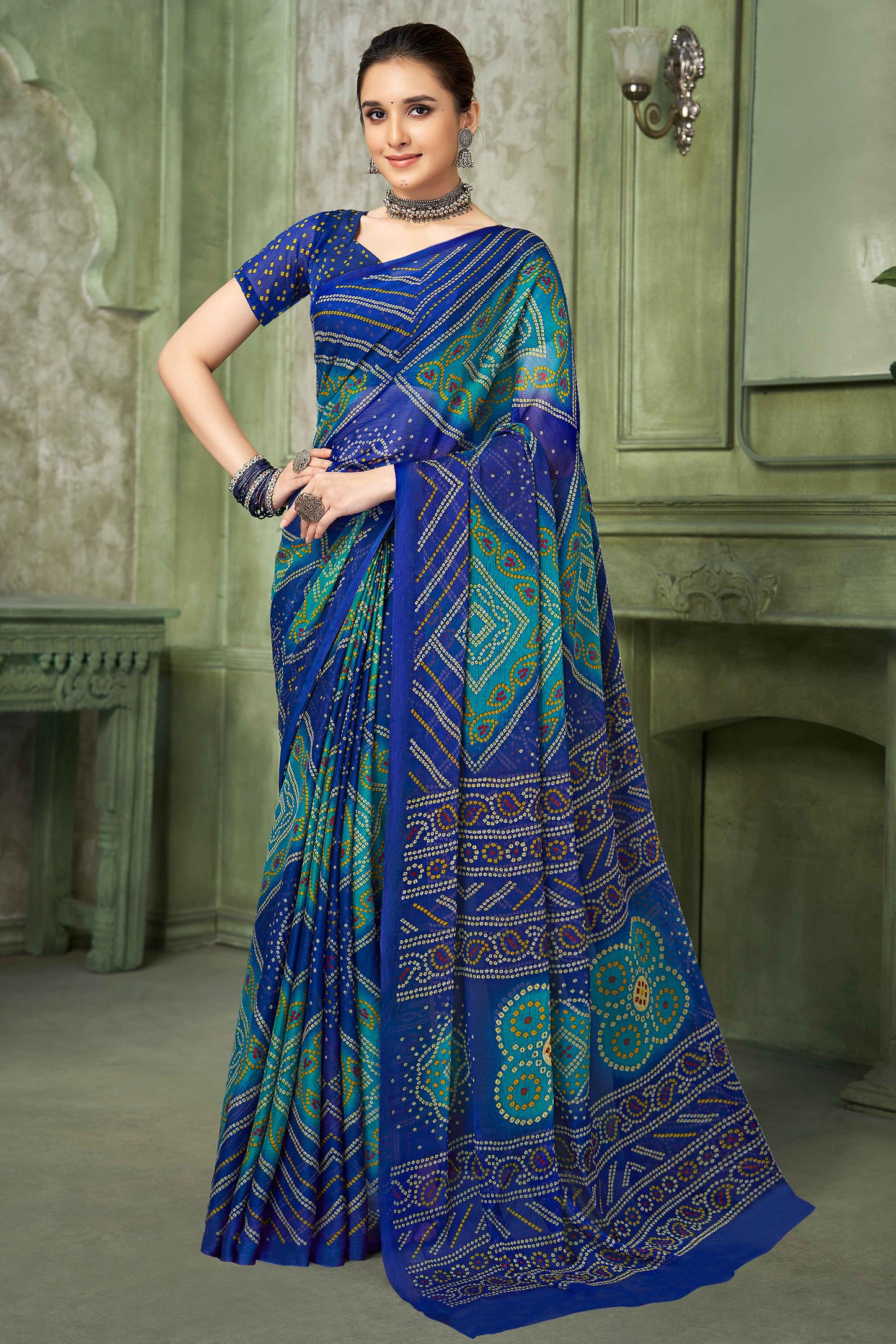 Blue Chiffon Saree Adorned With Traditional Bandhani Print
