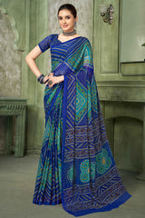Blue Chiffon Saree Adorned With Traditional Bandhani Print