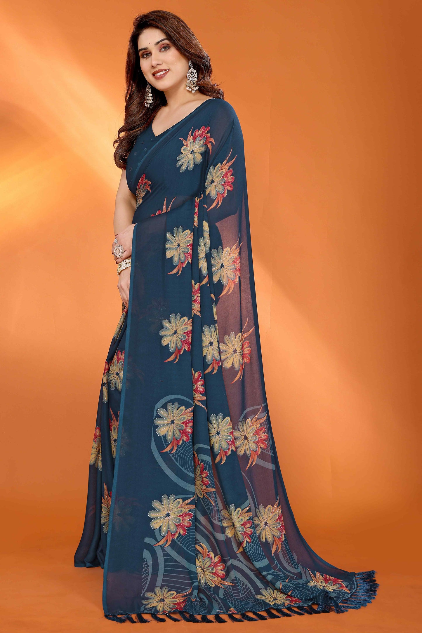 Teal Printed Saree with Zari Woven Charm in Satin Fabric