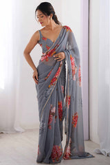 Partywear Grey Georgette Saree with Floral Prints and Bead Work Lace