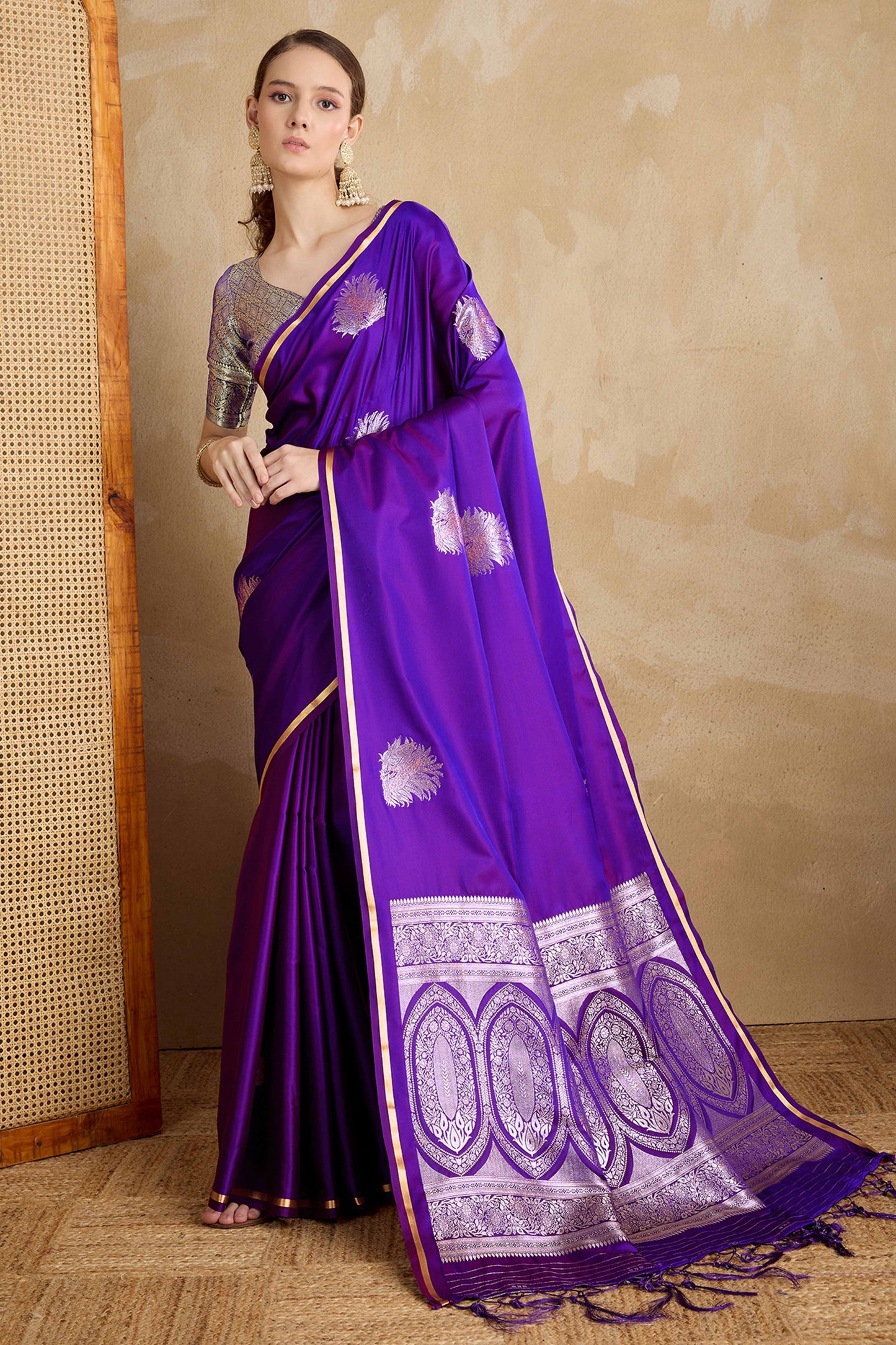 Violet Satin Saree Featuring Intricate Handloom Weaving