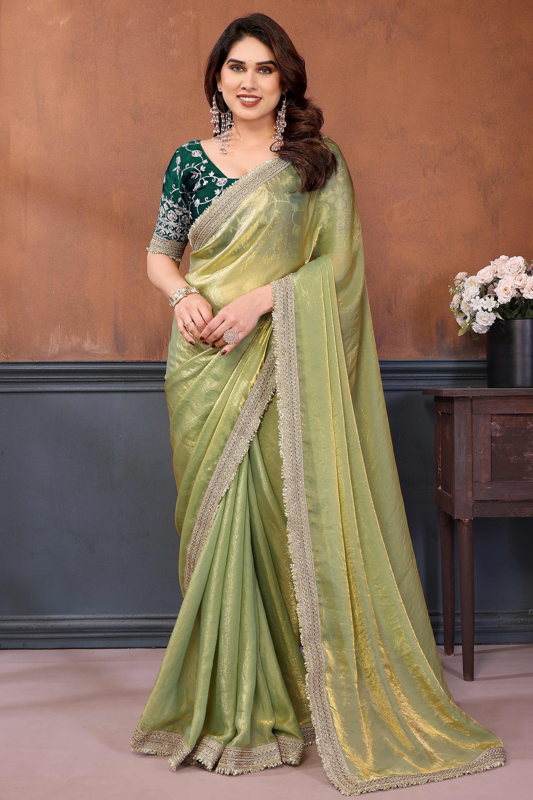 Mint Green Solid Satin Saree with Sequins Work Embroidery Elegant Partywear Drape