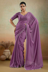Orchid Purple Solid Matt Georgette Saree With Ceramic Embellished Lace Border
