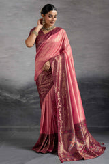 Traditional Peach Kanjivaram Soft Silk Saree with Bold Kadiyal Weave