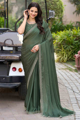 Green Solid Satin Chiffon Saree With Cutdana & Zarkan Handwork