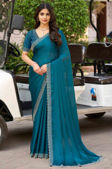 Rama Blue Solid Satin Chiffon Saree With Cutdana & Zarkan Handwork