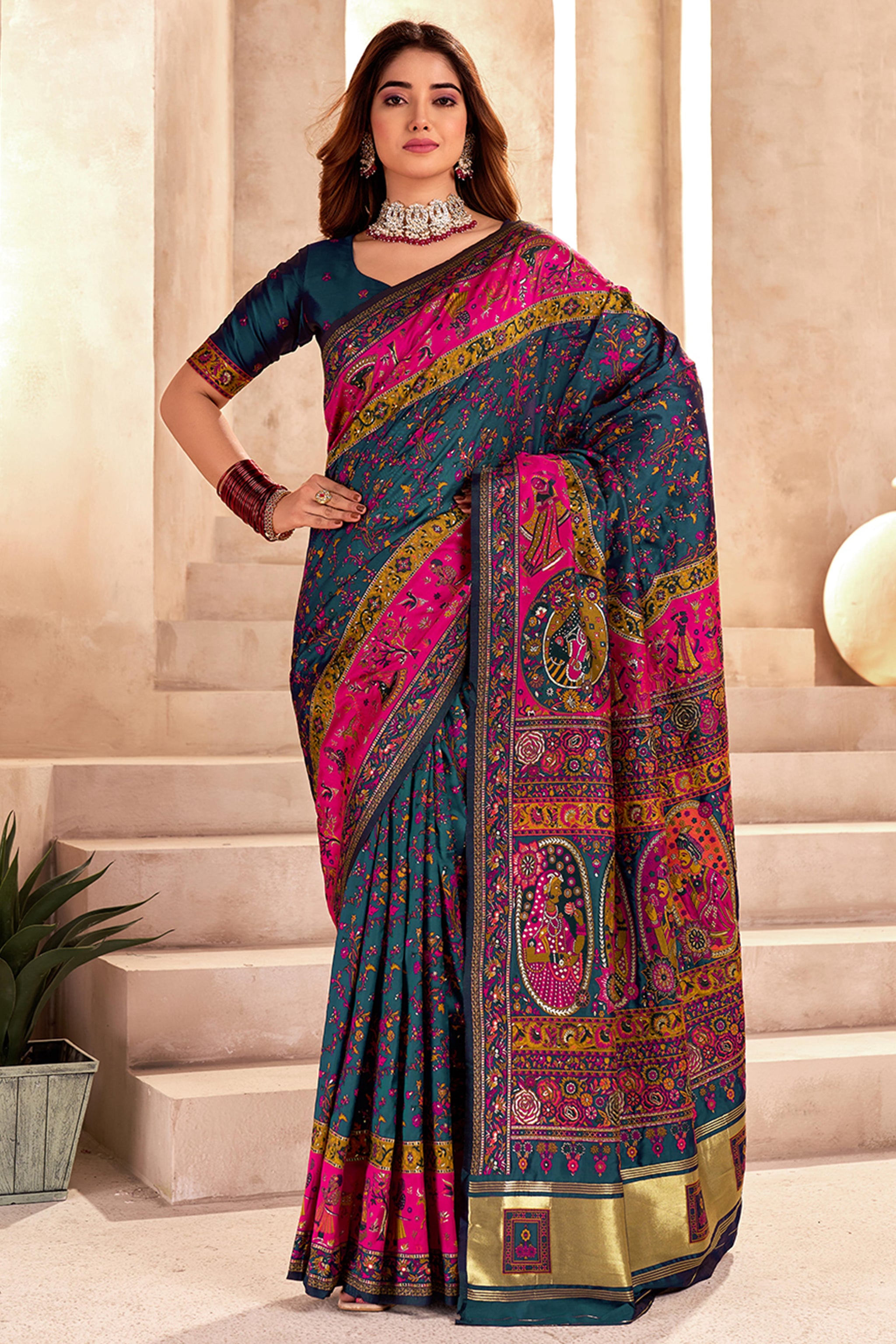 Traditional Teal Rajwadi Weaving Pashmina Silk Saree With Kashmiri Pallu & Elegant Zari Border