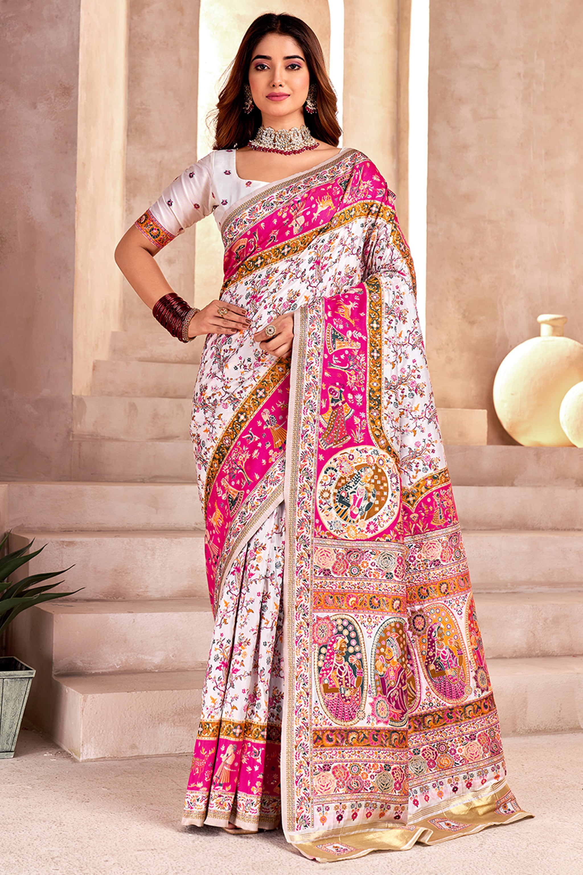 Traditional White Rajwadi Weaving Pashmina Silk Saree With Kashmiri Pallu & Elegant Zari Border