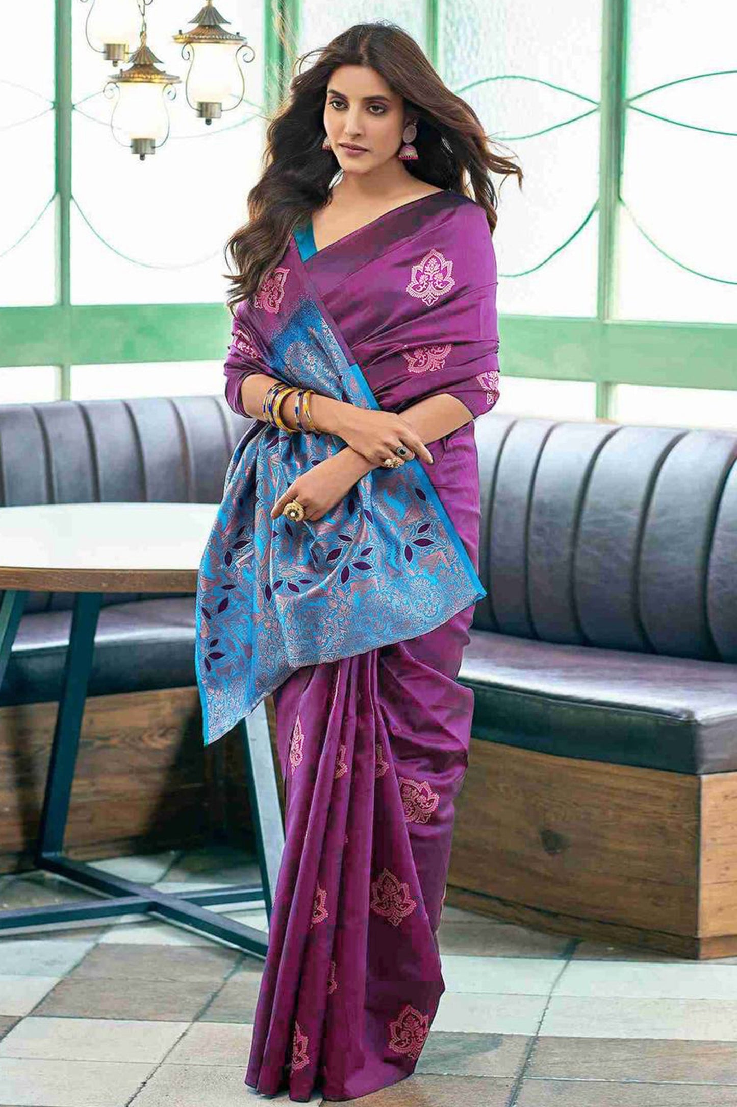 Purple Banarasi Silk Saree Adorned with Elegant Floral Zari Weaving