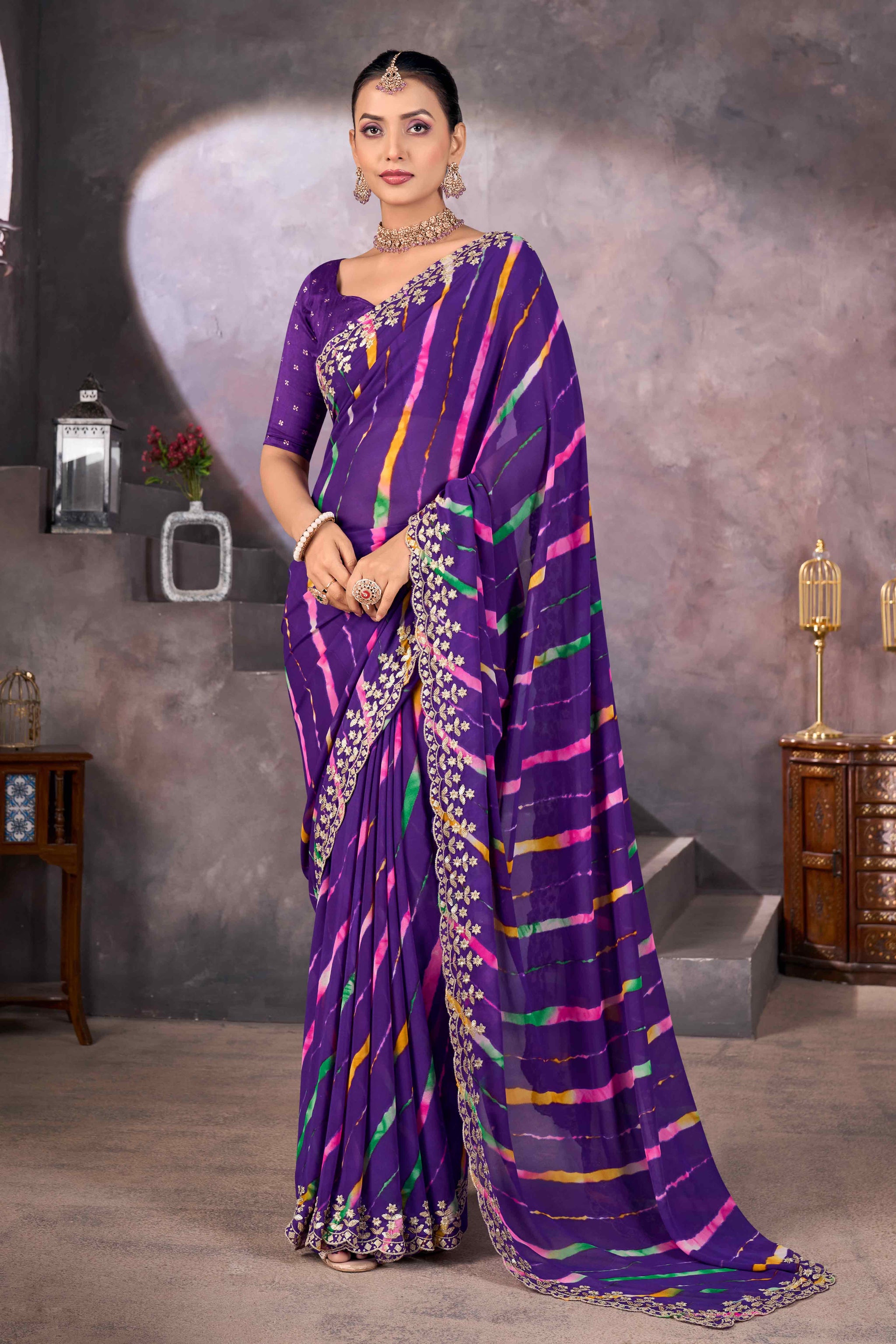 Purple Leheriya Printed Georgette Saree