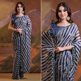 Blue Leheriya With Floral Foil Printed Georgette Saree