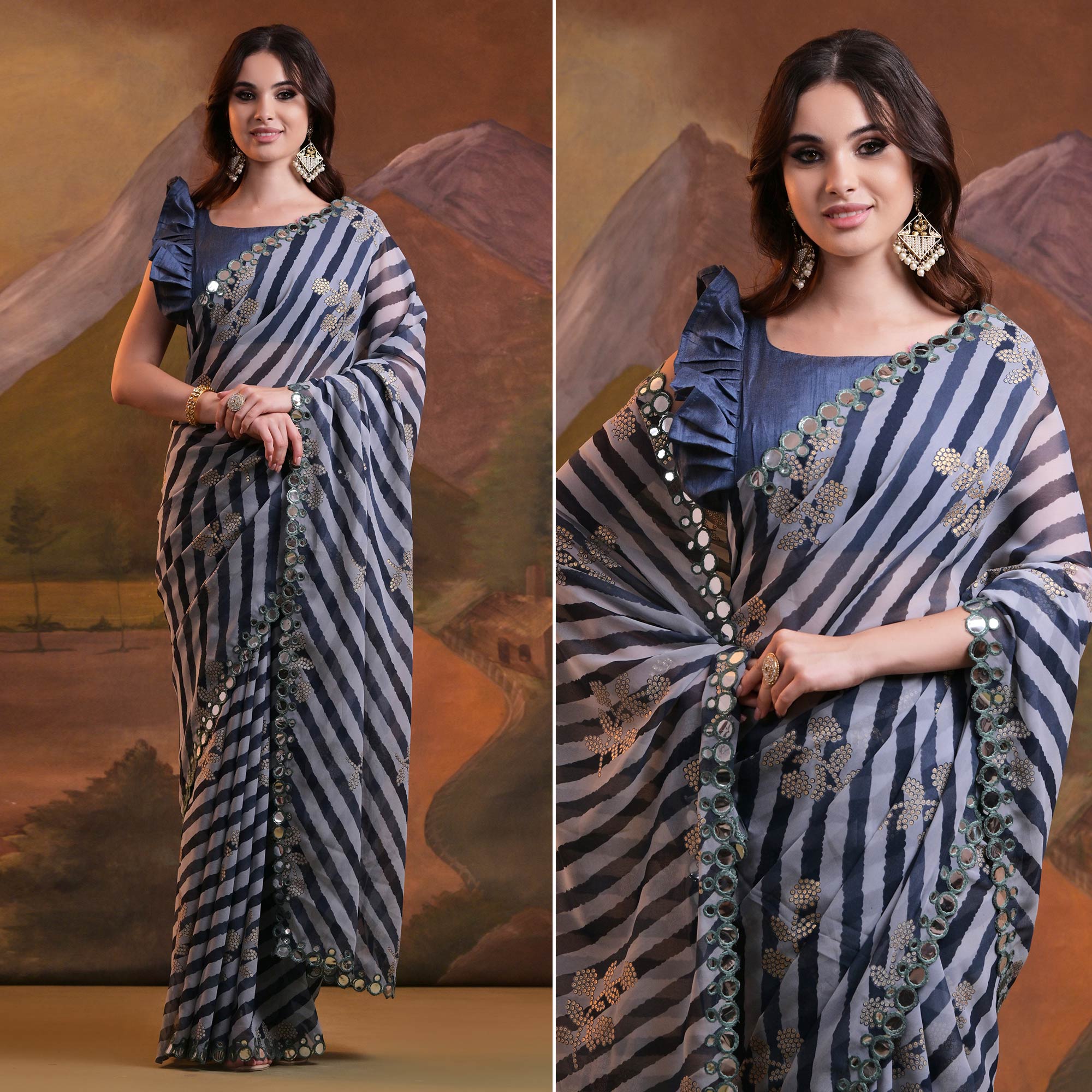 Blue Leheriya With Floral Foil Printed Georgette Saree