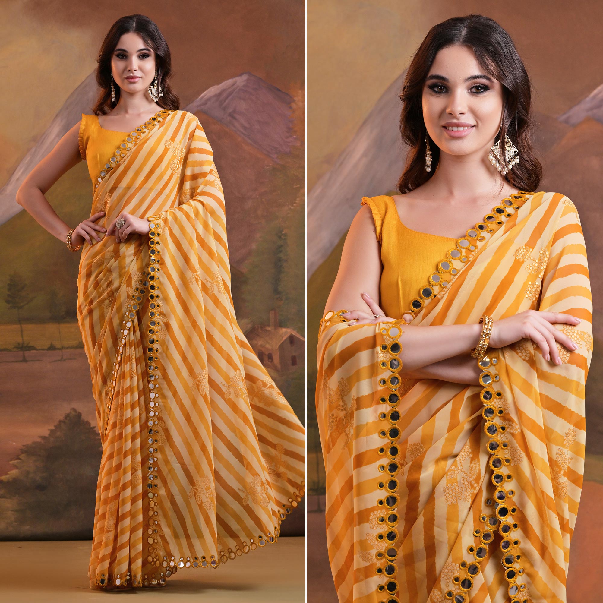 Yellow Leheriya With Floral Foil Printed Georgette Saree