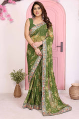 Green Georgette Saree with Traditional Bandhani Print and Lace Accents