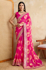 Pink Georgette Saree with Contemporary Tie-Dye Patterns and Classic Lace Work Finish