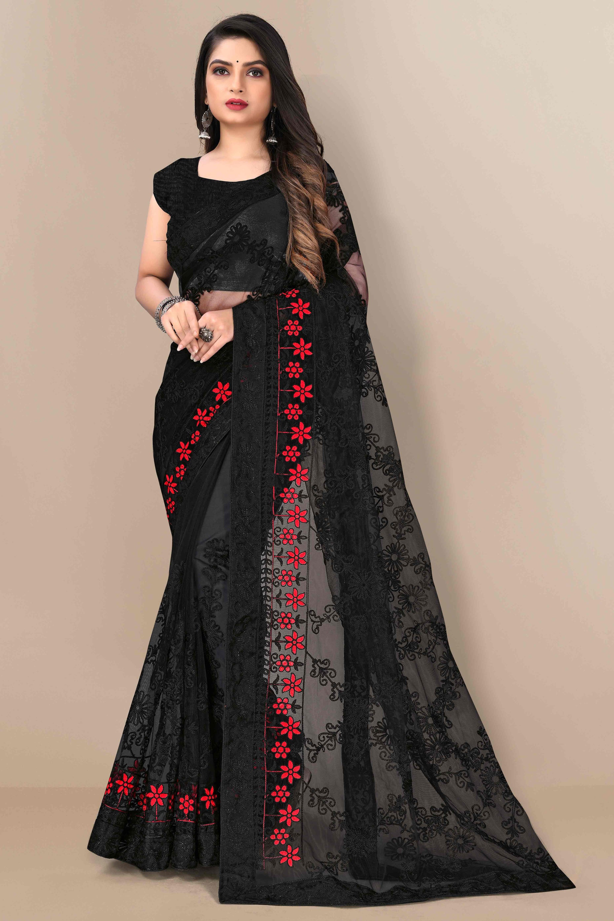Black Party Wear Net Saree Featuring Rich Floral Embroidery