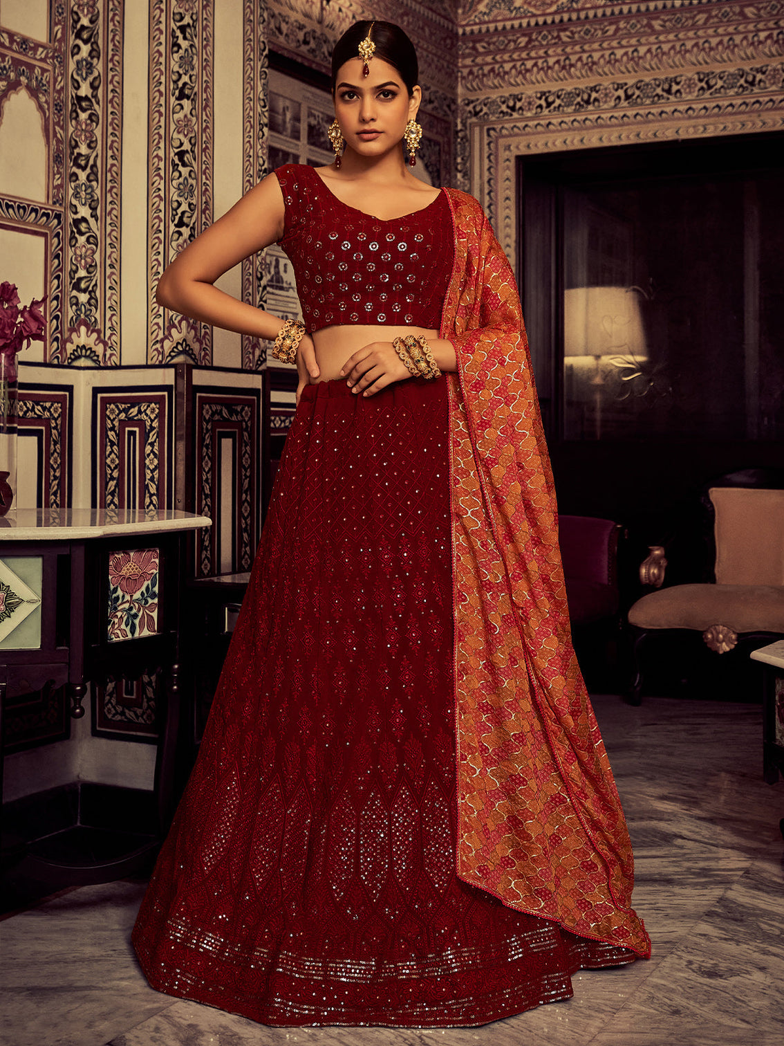 Stylish Maroon Embroidered Georgette Semi Stitched Lehenga With Blouse Piece