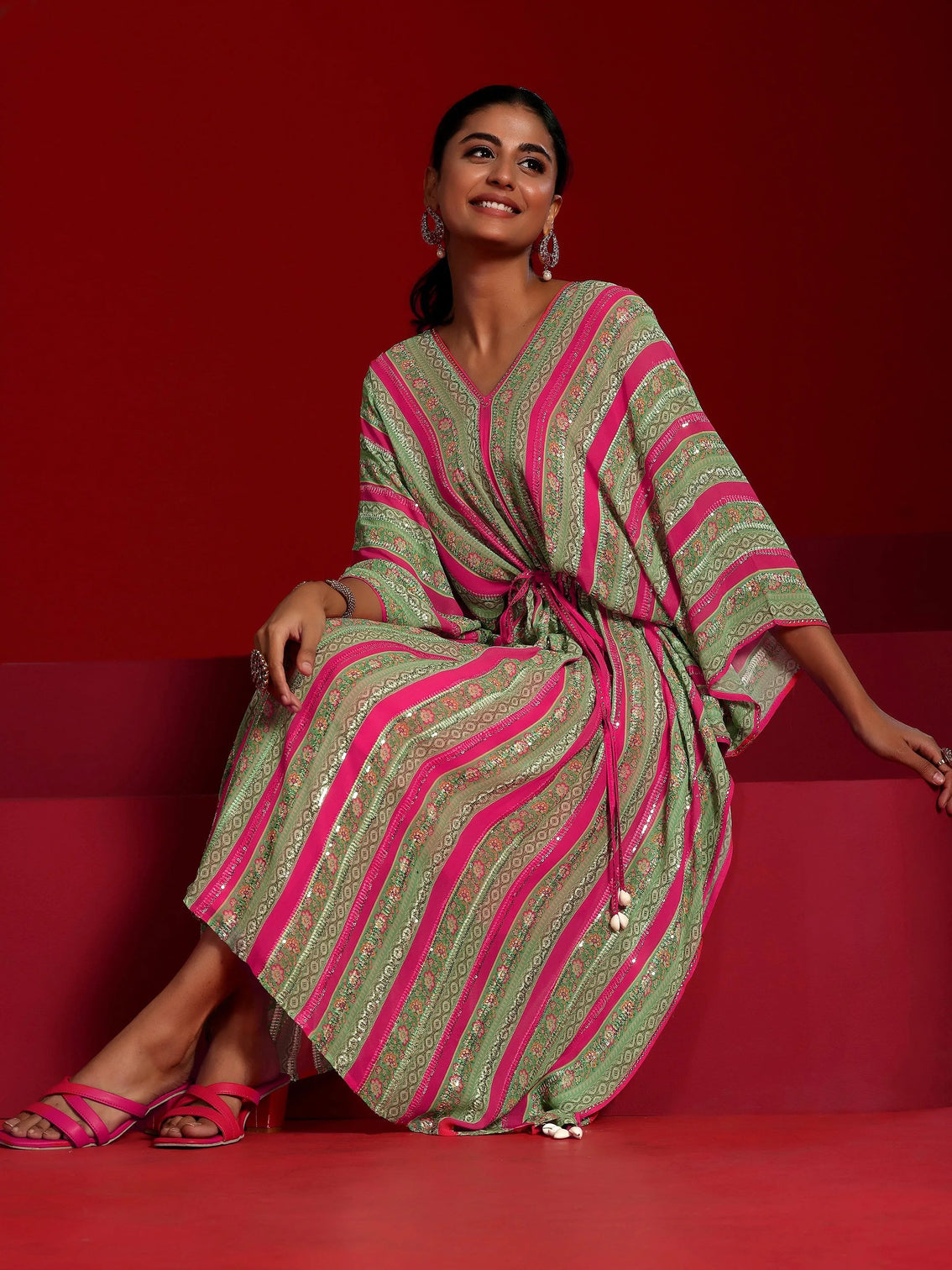 Mameraa Art Pink Printed Poly Georgette 3 Piece Co-Ords