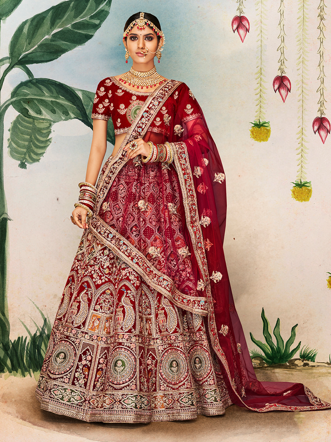 Maroon Embroidered Velvet Semi Stitched Lehenga With Unstitched Blouse